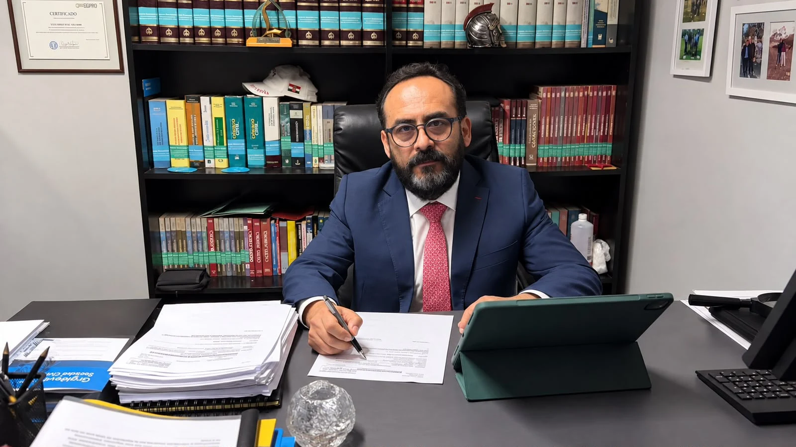 Dr. Yuri Grgicevic sentado en su escritorio, mirando a cámara