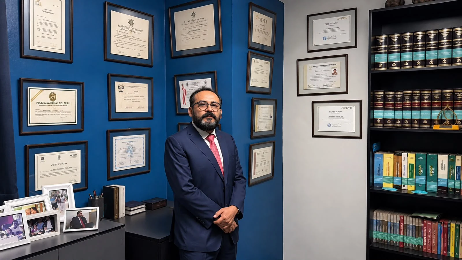 Dr. Yuri Grgicevic de pie junto a sus diplomas, certificados y biblioteca jurídica